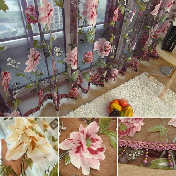 Crofta Wine red Flower Voile Window Curtain Sheer Tulle Drape Beads Valance