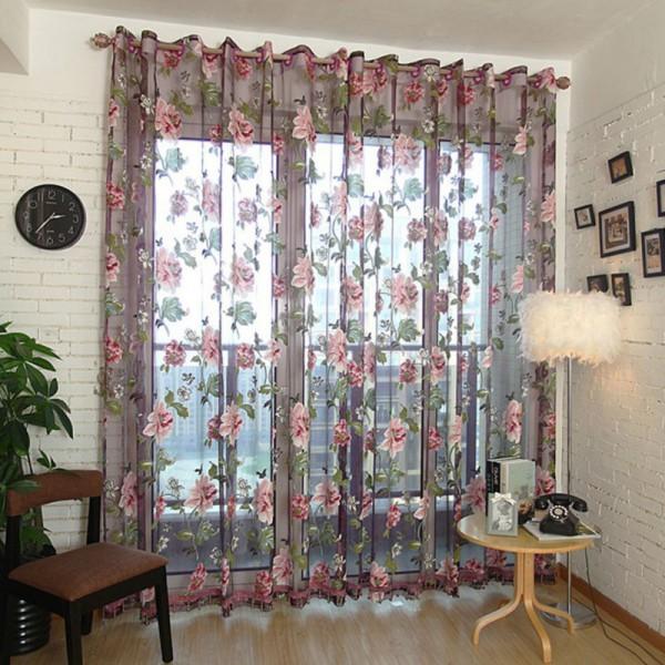 Crofta Wine red Flower Voile Window Curtain Sheer Tulle Drape Beads Valance