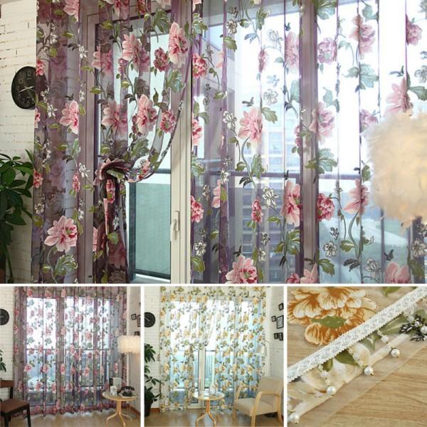 Crofta Wine red Flower Voile Window Curtain Sheer Tulle Drape Beads Valance