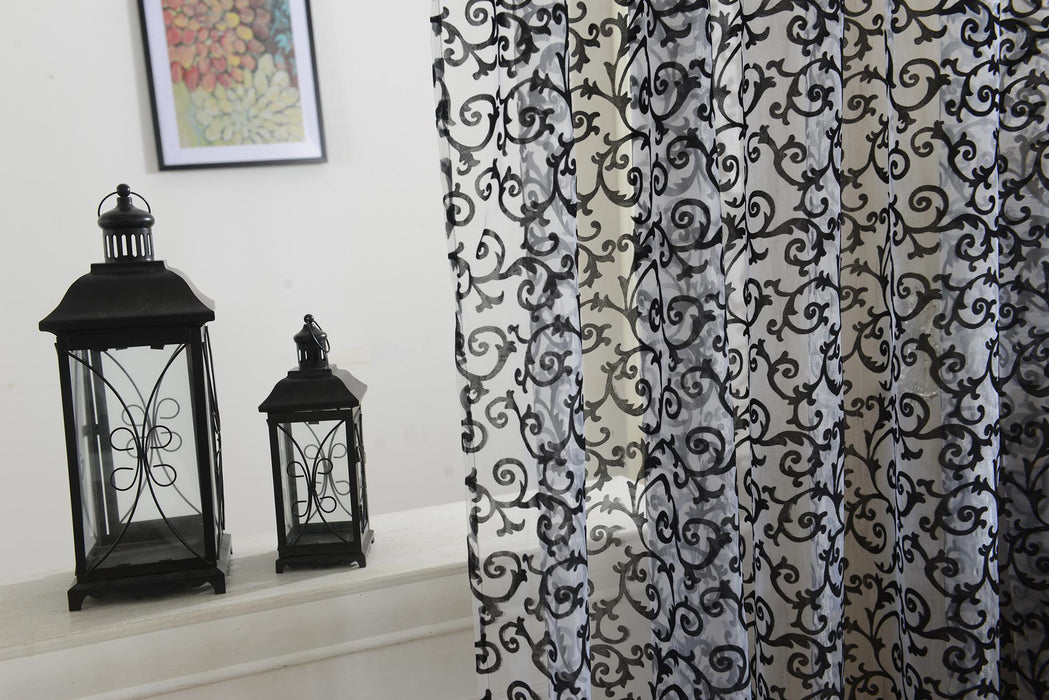 Crofta (2 Panel) Gorgeous Flocking Tulle Voile Door Window Curtains Drape Sheer Scarf Valances-Black 200 x 100cm