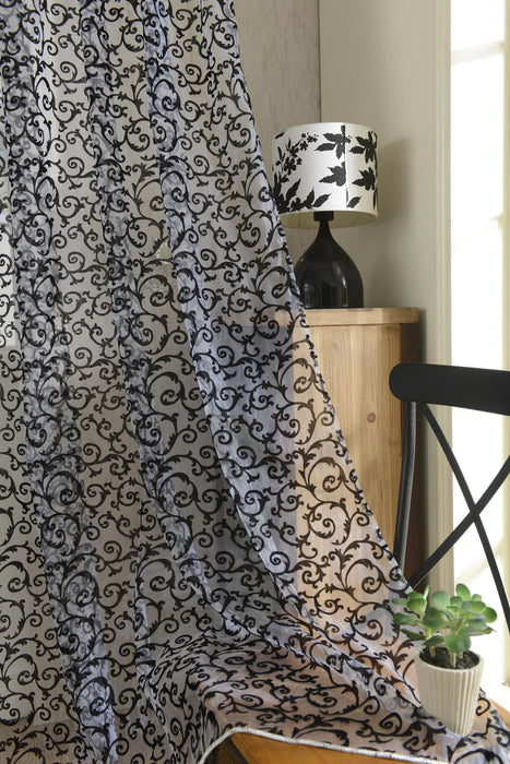 Crofta (2 Panel) Gorgeous Flocking Tulle Voile Door Window Curtains Drape Sheer Scarf Valances-Black 200 x 100cm