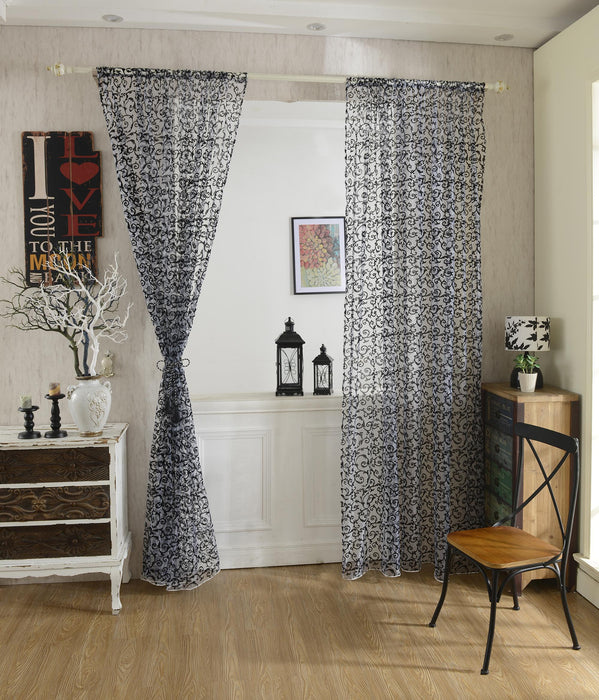 Crofta (2 Panel) Gorgeous Flocking Tulle Voile Door Window Curtains Drape Sheer Scarf Valances-Black 200 x 100cm