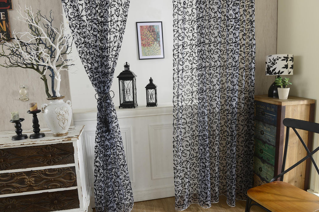 Crofta (2 Panel) Gorgeous Flocking Tulle Voile Door Window Curtains Drape Sheer Scarf Valances-Black 200 x 100cm