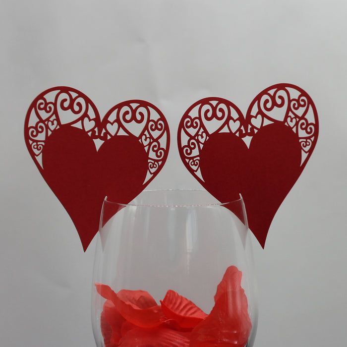 Crofta 50 Laser Cut Heart Wine Glass Place Card Wedding Baby Shower Party Decor Red