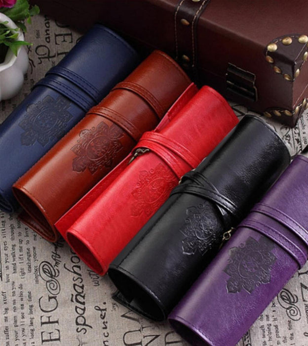 Crofta Retro Pencil Pen Case Roll Cosmetic Pouch Brush Holder Makeup Bag Coffee