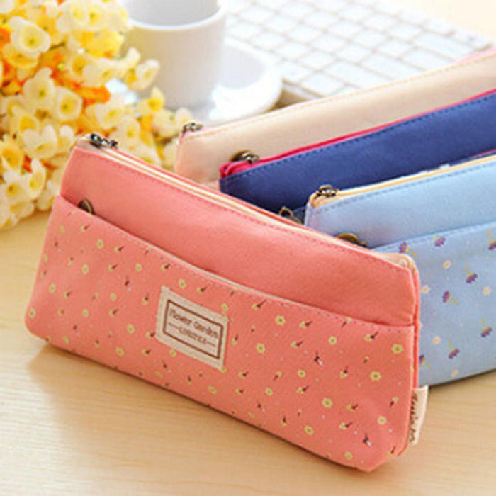 Crofta Flower Canvas Pencil Case Cosmetic Makeup Pouch Zipper Bag Purse Dark Blue