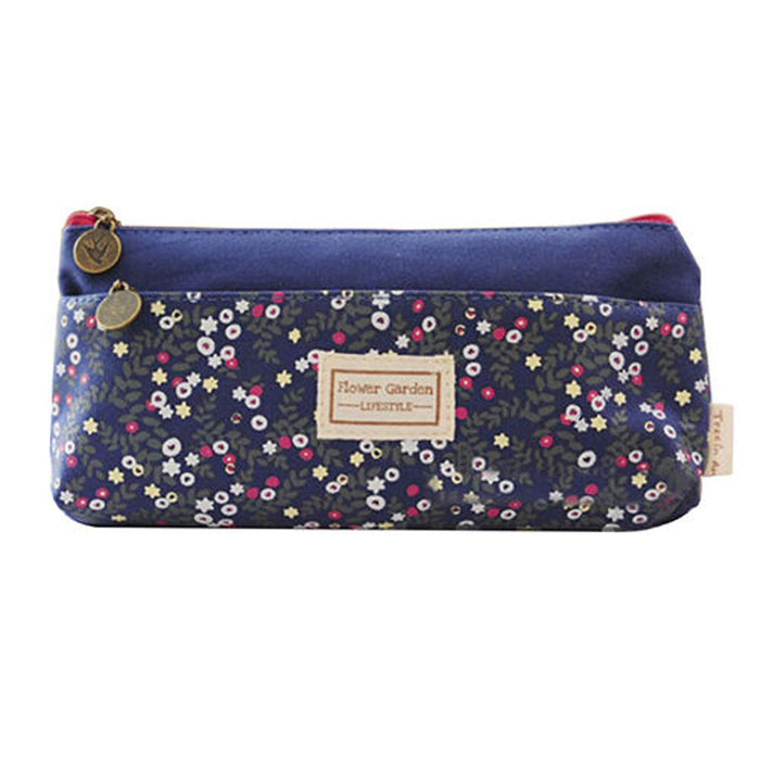 Crofta Flower Canvas Pencil Case Cosmetic Makeup Pouch Zipper Bag Purse Dark Blue