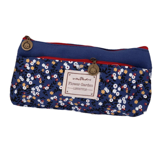 Crofta Flower Canvas Pencil Case Cosmetic Makeup Pouch Zipper Bag Purse Dark Blue