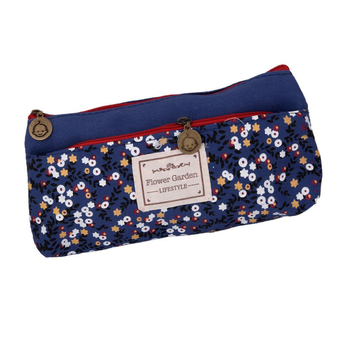 Crofta Flower Canvas Pencil Case Cosmetic Makeup Pouch Zipper Bag Purse Dark Blue