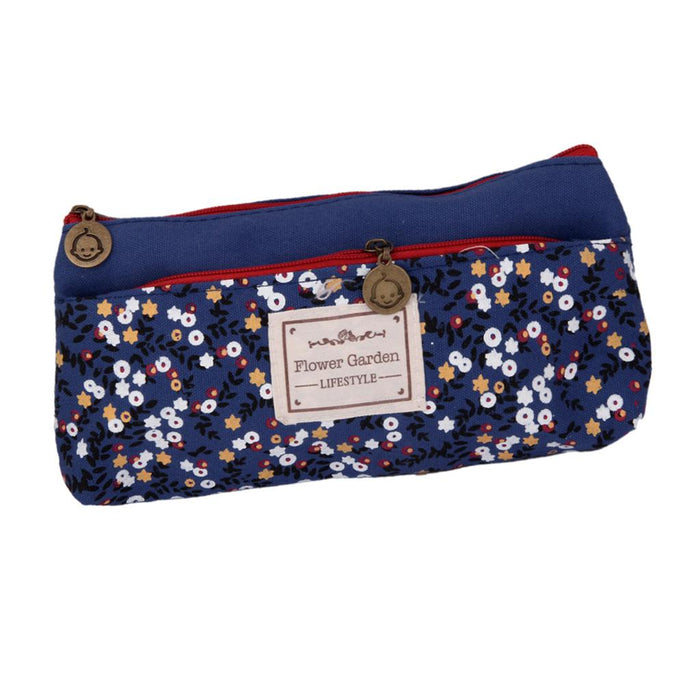 Crofta Flower Canvas Pencil Case Cosmetic Makeup Pouch Zipper Bag Purse Dark Blue