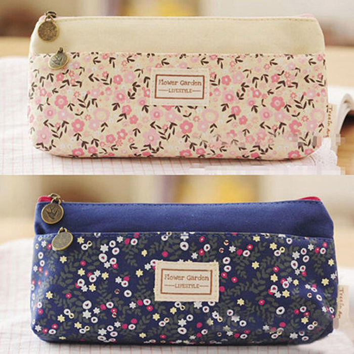 Crofta Flower Canvas Pencil Case Cosmetic Makeup Pouch Zipper Bag Purse Dark Blue