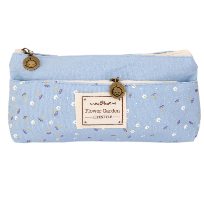 Crofta Flower Canvas Pencil Case Cosmetic Makeup Coin Pouch Zipper Bag Purse Blue