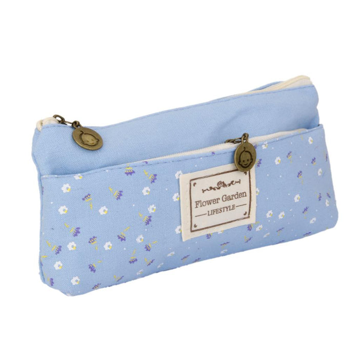 Crofta Flower Canvas Pencil Case Cosmetic Makeup Coin Pouch Zipper Bag Purse Blue