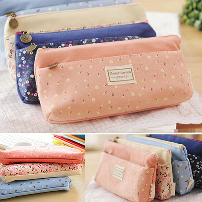 Crofta Flower Canvas Pencil Case Cosmetic Makeup Coin Pouch Zipper Bag Purse Blue