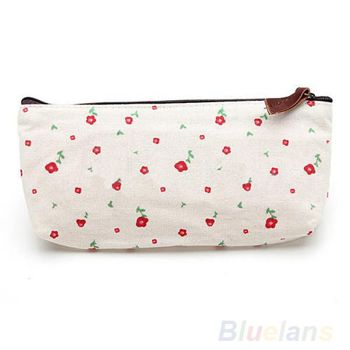 Crofta Flower Pencil Pen Case Cosmetic Makeup Bag Storage Pouch Purse Blue