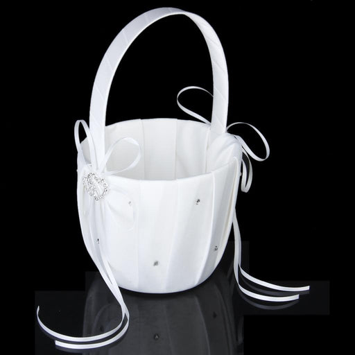 Crofta White Satin Double Heart Wedding Flower Girl Basket Crystal Rhinestone Decor