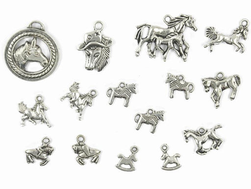 15pcs Alloy Silver Various Horse Shaped Charms Pendants Beads