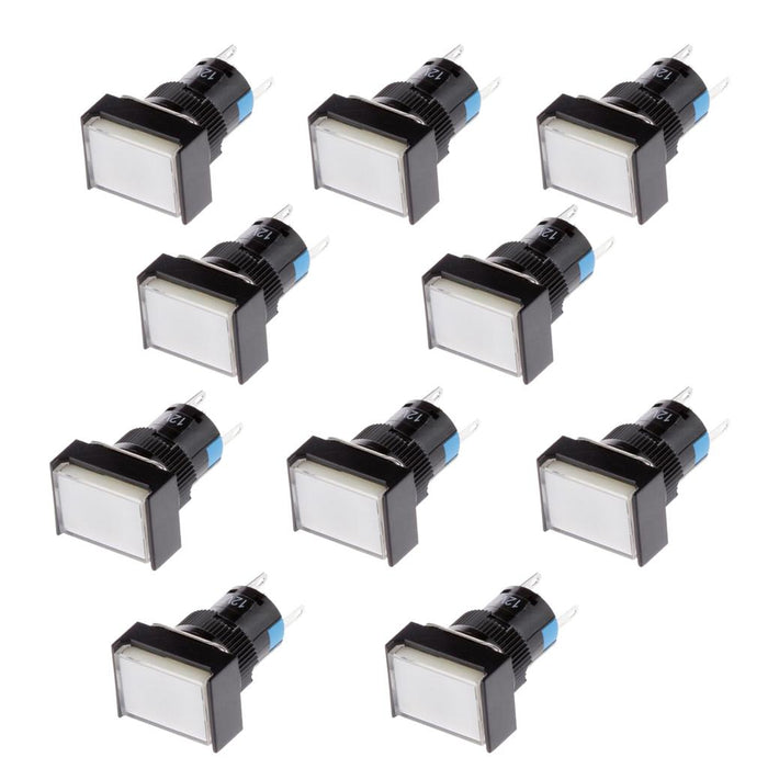 Crofta 10Pack White Light Square Cap SPDT 5 Pins 16mm Momentary Push Button Reset Switch