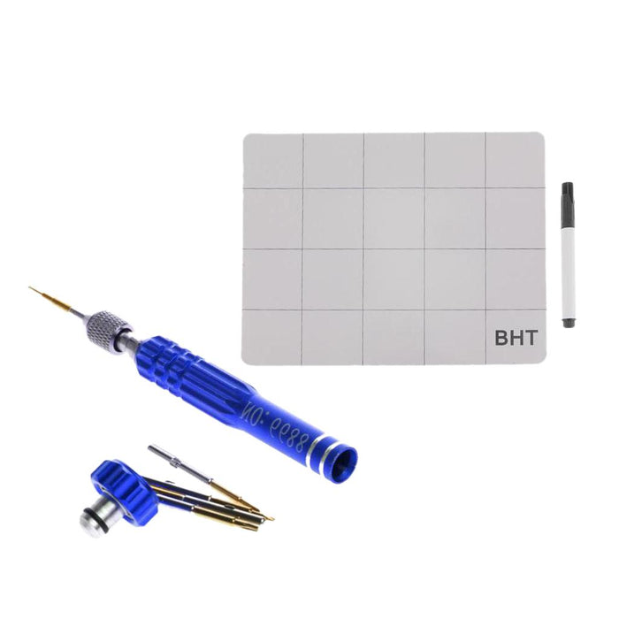 Crofta 5 In 1 Aluminium Magnetic Phone Repair Opening Tool Screwdriver Set Blue + Rewritable Anti Slip Surface Magnetic Project Mat with Marker Pen 20cm x 25cm for Iphone 4 5 6 7 Plus, Smasung,HUAWEI