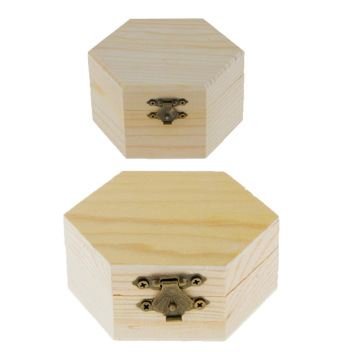 Crofta 2pcs Mixed Size Unpainted Hexagonal Wooden Jewelry Box Memory Chest Boxes