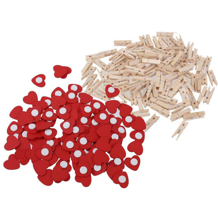 Crofta 100 Pieces Wooden Red Heart Adhesive Stickers& 100 Pieces Wood Pegs Pins for DIY Craft