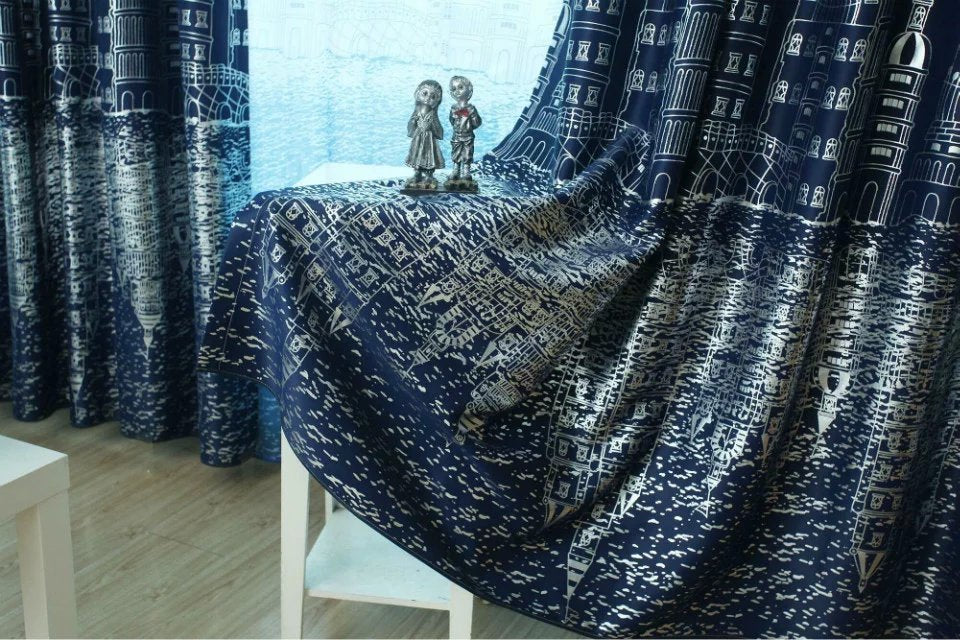 Crofta 2 Piece Castle Print Window Panel Curtain Set, Sheer Gauze Curtain+Blackout Drape Curtain - Blue