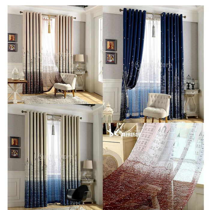 Crofta 2 Piece Castle Print Window Panel Curtain Set, Sheer Gauze Curtain+Blackout Drape Curtain - Blue