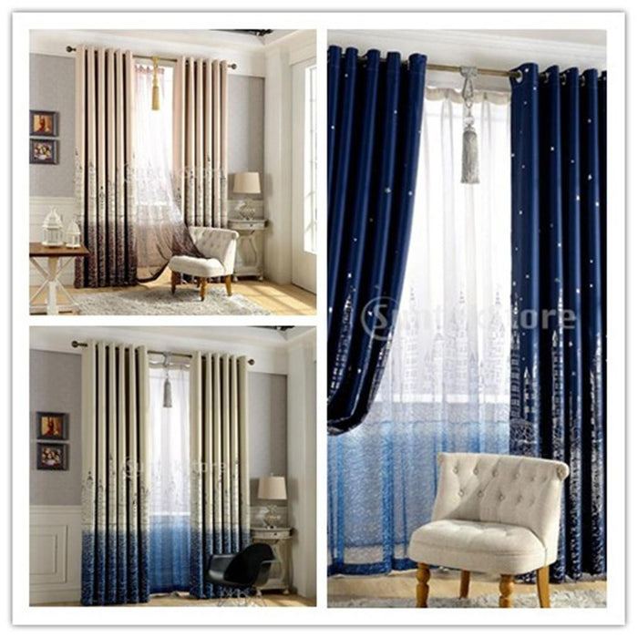 Crofta 2 Piece Castle Print Window Panel Curtain Set, Sheer Gauze Curtain+Blackout Drape Curtain - Blue