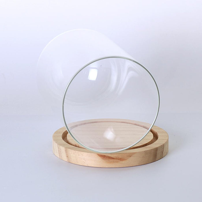 Crofta Pair Glass Cover Landscape Vase Terrarium Round Wood Tray Flower Decor Gift