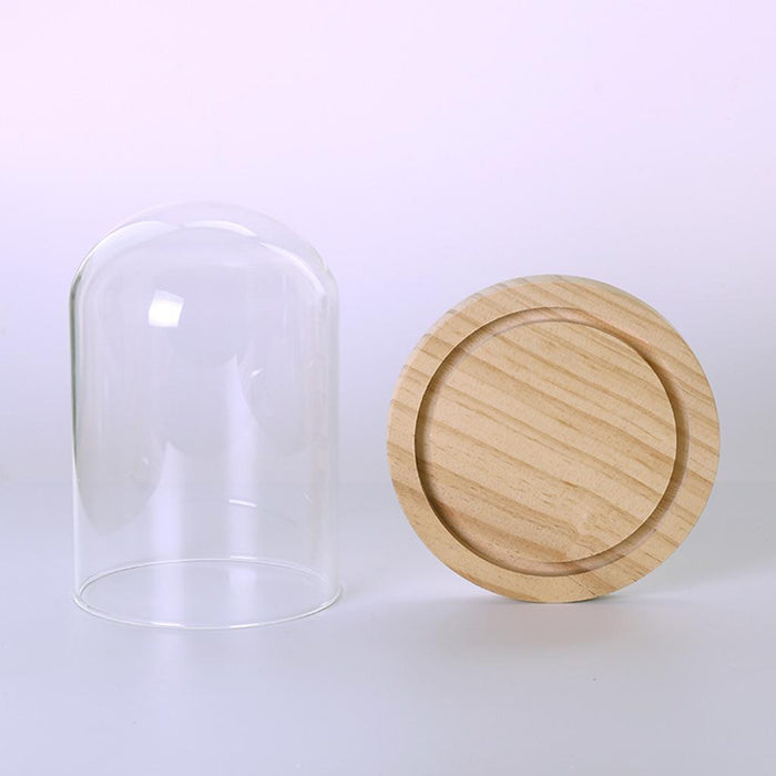 Crofta Pair Glass Cover Landscape Vase Terrarium Round Wood Tray Flower Decor Gift