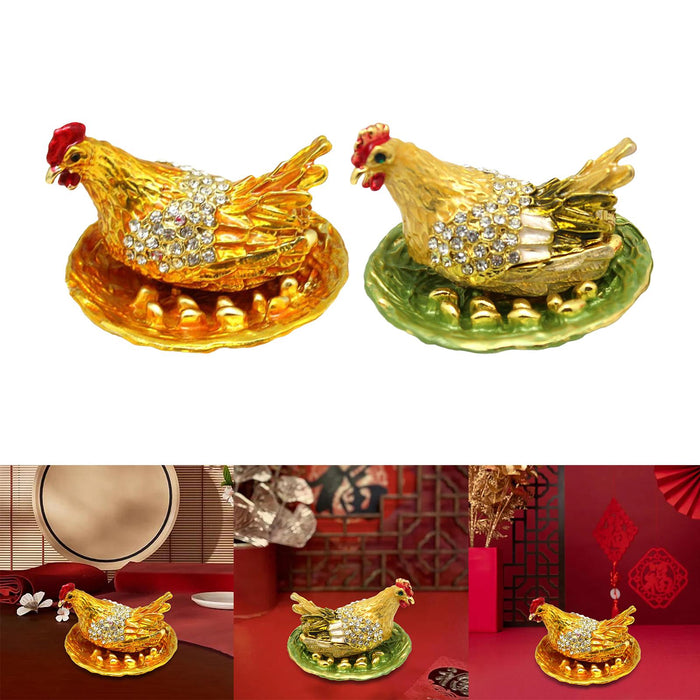 Crofta Laying Hen Figurine Small Jewelry Ring Box Ornament for Valentine's Day Gift Golden Base