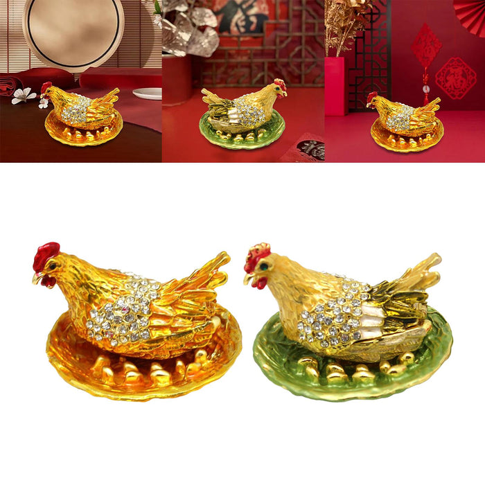 Crofta Laying Hen Figurine Small Jewelry Ring Box Ornament for Valentine's Day Gift Golden Base