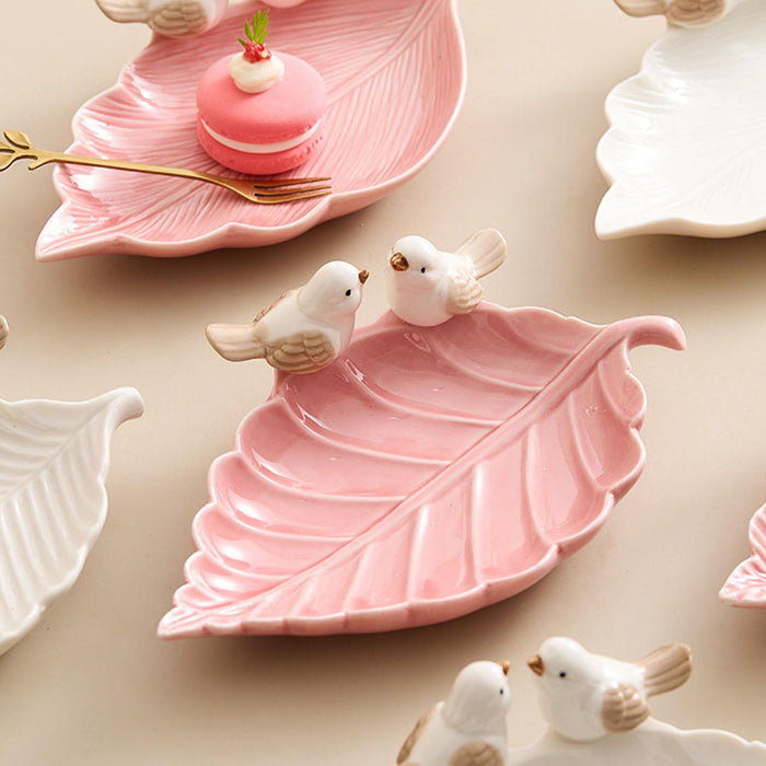 Crofta Porcelain Leaf Shaped Earrings Jewelry Tray Snack Plate for Housewarming Gift Pink