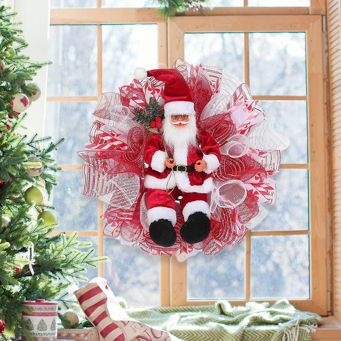 Crofta Xmas Santa Claus Wreath 20 inch Ornament for Holiday Backdrop Farmhouse red