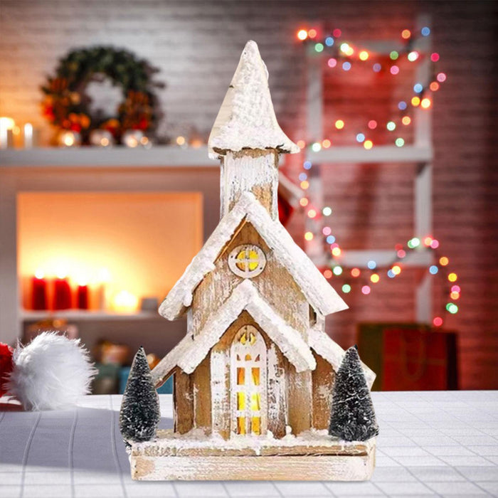 Crofta Wood Christmas Snow Church House with Warm Light for Shop Window Lightweight