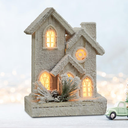 Crofta Village House Mini Luminous Wood House Figurine for Indoor Christmas Holiday