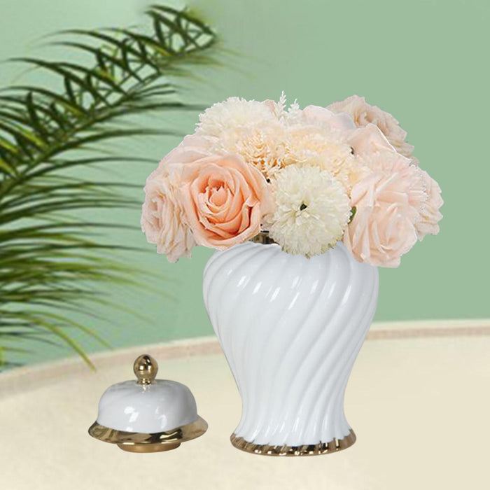 Crofta Ceramic Flower Vase Ceramic Ginger Jar with Lid for Bookshelf Party Entrance White