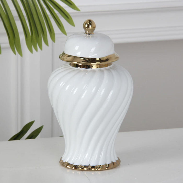 Crofta Ceramic Flower Vase Ceramic Ginger Jar with Lid for Bookshelf Party Entrance White