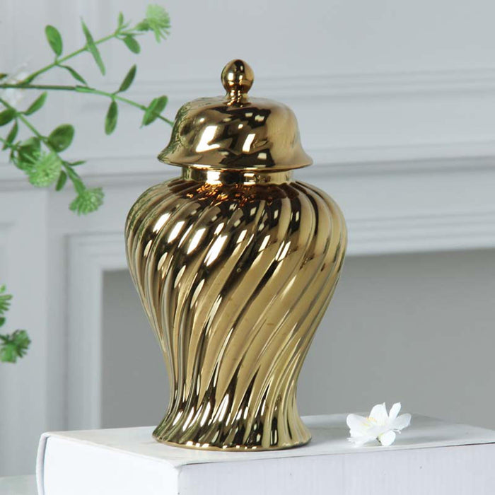 Crofta Ceramic Flower Vase Ceramic Ginger Jar with Lid for Bookshelf Party Entrance Gold