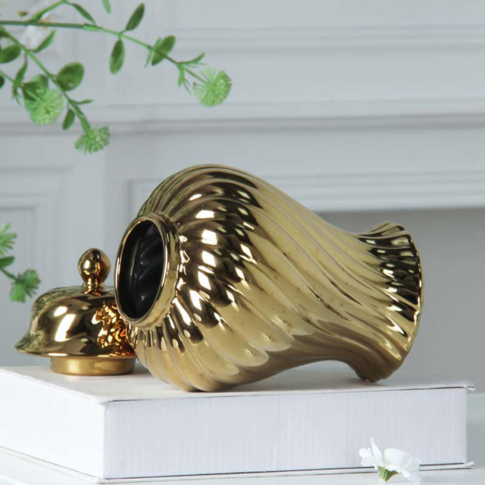 Crofta Ceramic Flower Vase Ceramic Ginger Jar with Lid for Bookshelf Party Entrance Gold