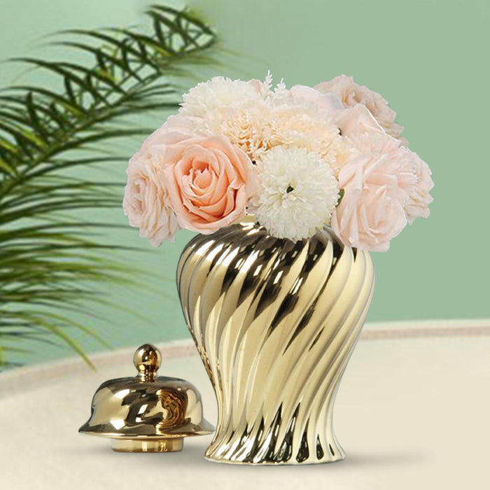 Crofta Ceramic Flower Vase Ceramic Ginger Jar with Lid for Bookshelf Party Entrance Gold