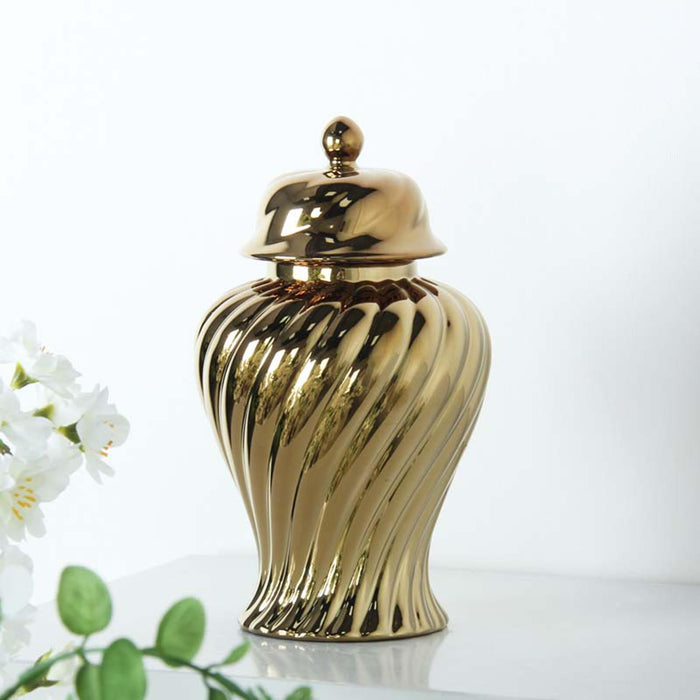 Crofta Ceramic Flower Vase Ceramic Ginger Jar with Lid for Bookshelf Party Entrance Gold