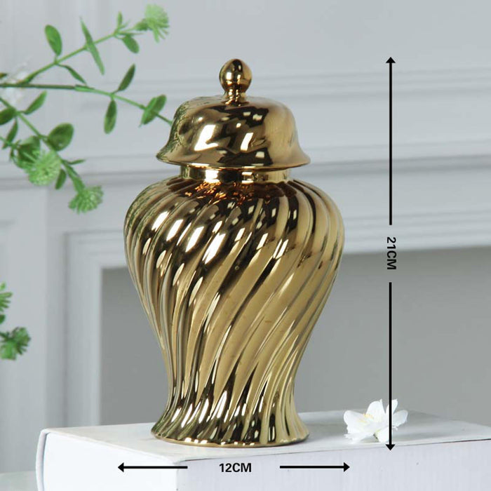 Crofta Ceramic Flower Vase Ceramic Ginger Jar with Lid for Bookshelf Party Entrance Gold