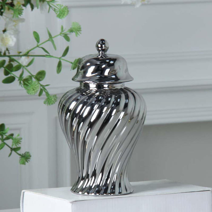 Crofta Ceramic Flower Vase Ceramic Ginger Jar with Lid for Bookshelf Party Entrance Silvery