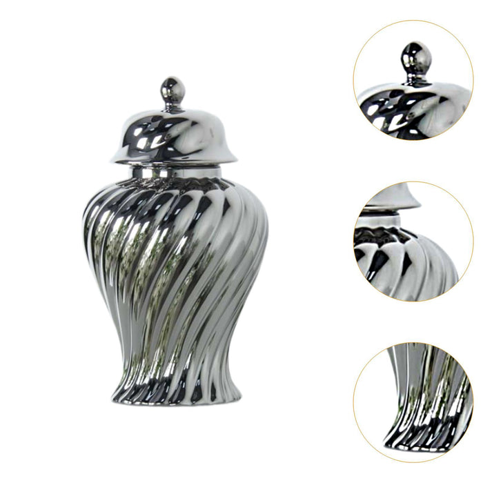 Crofta Ceramic Flower Vase Ceramic Ginger Jar with Lid for Bookshelf Party Entrance Silvery