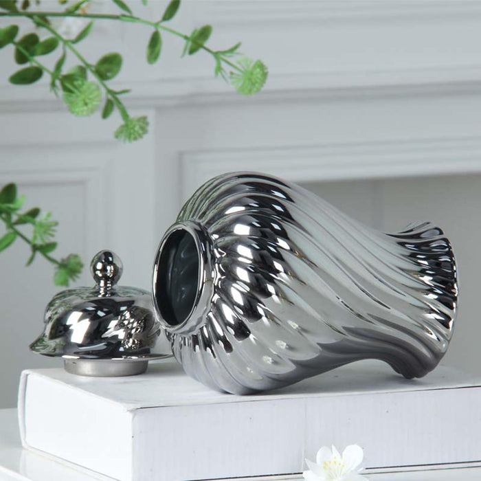 Crofta Ceramic Flower Vase Ceramic Ginger Jar with Lid for Bookshelf Party Entrance Silvery