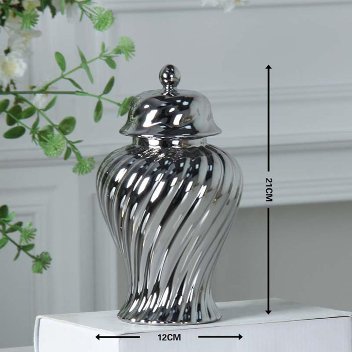 Crofta Ceramic Flower Vase Ceramic Ginger Jar with Lid for Bookshelf Party Entrance Silvery