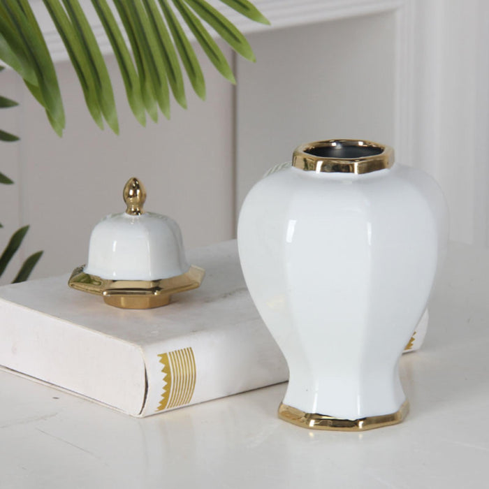 Crofta Ceramic Vase Modern Ceramic Ginger Jar with Lid for Entryway Bookshelf Party White