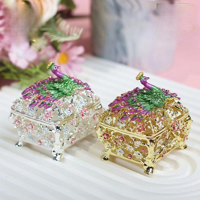 Crofta Jewelry Box Gift Creative Dresser Peacock Trinket Box for Pendants Bracelets Golden