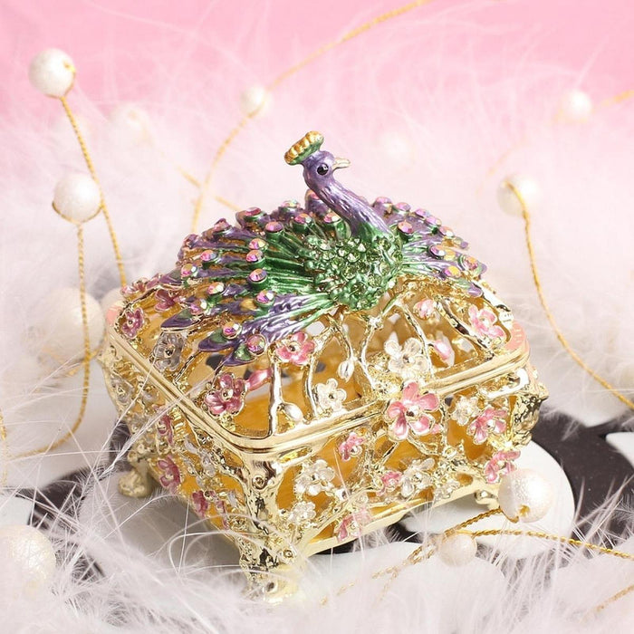 Crofta Jewelry Box Gift Creative Dresser Peacock Trinket Box for Pendants Bracelets Golden